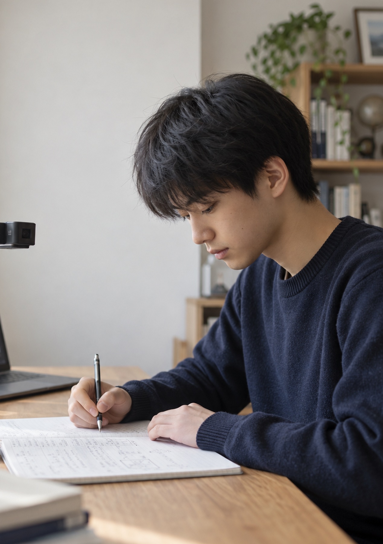 自宅の机で、書画カメラとノートパソコンを前にノートへ数式を書く高校生（イメージ）