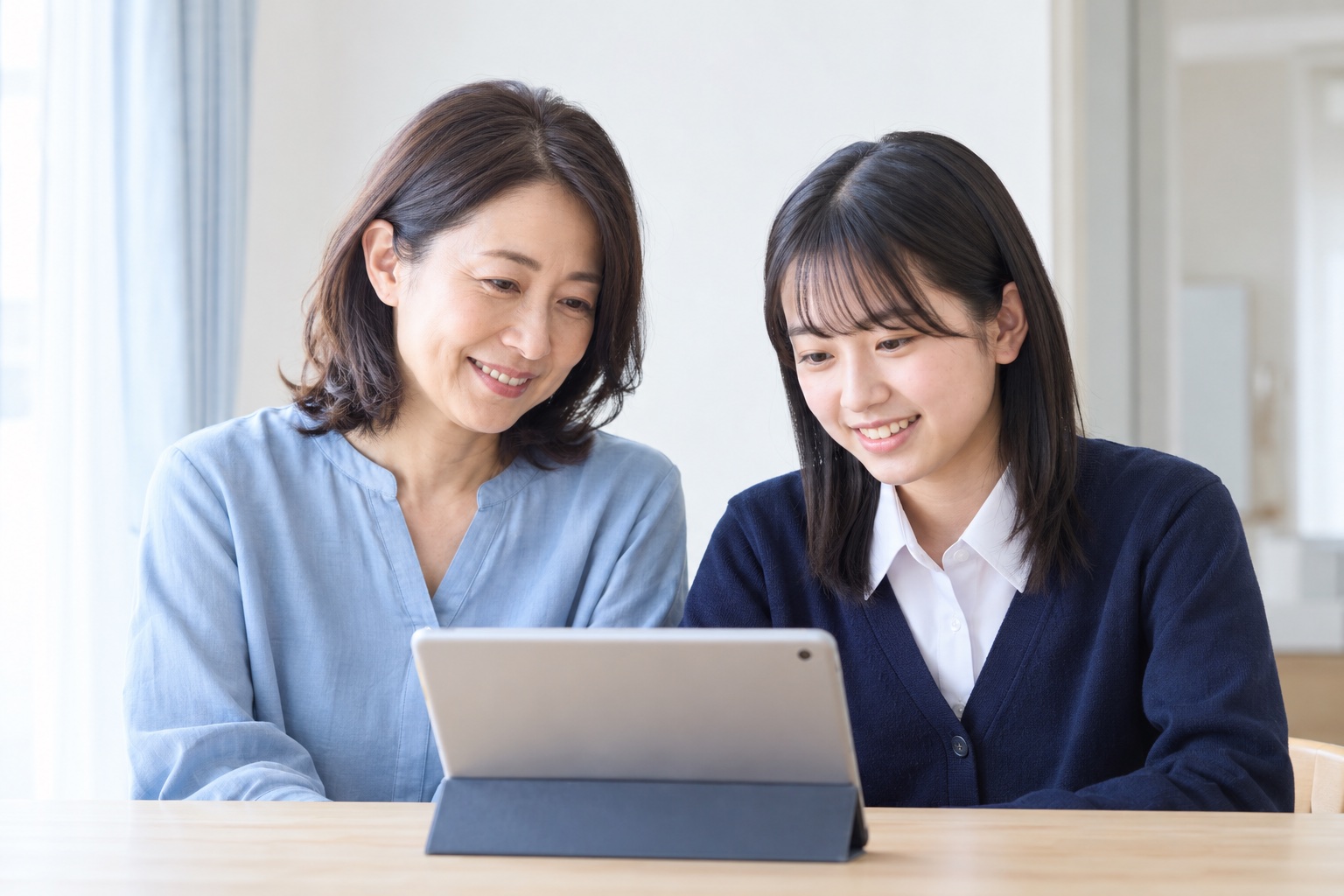 明るいリビングで、母親と娘がタブレットを一緒に見ている（イメージ）